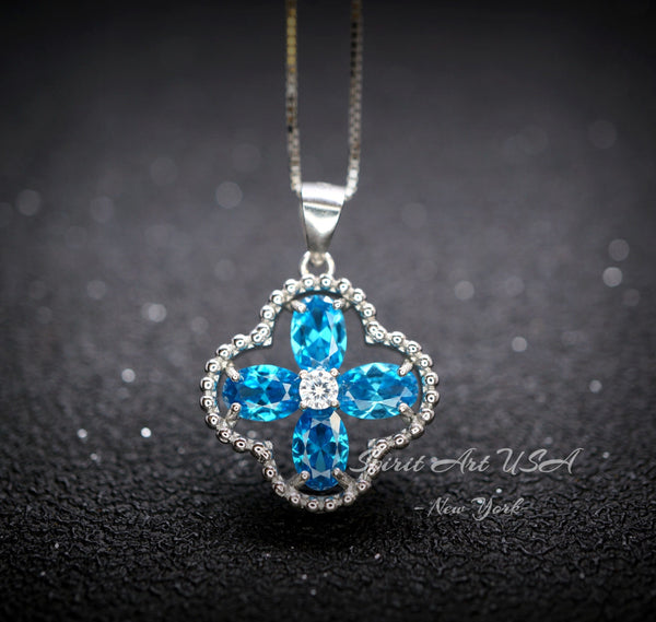 Blue Topaz Necklace - Four Leaf Clover Blue Topaz Pendant - Full Sterling Silver Blue Gemstone Jewelry #135