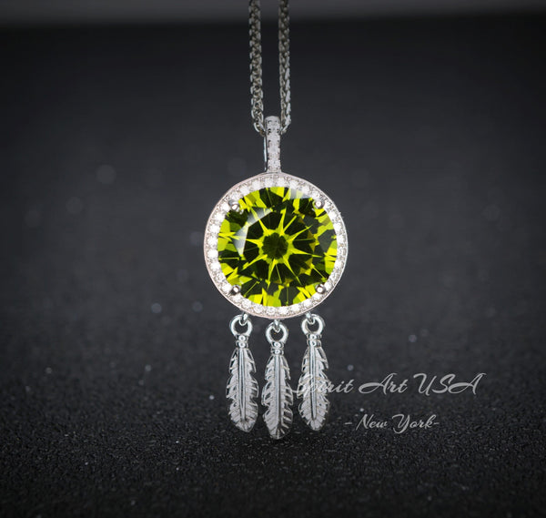 Large Green Peridot Necklace - 18KGP @ Sterling Silver - dreamcatcher Necklace - August Birthstone - Dream Catcher Peridot Pendant #690