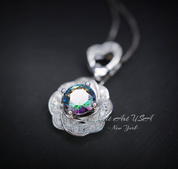 Mystic Topaz Necklace Rose Flower Style - 18kgp Sterling Silver - Dainty Round Cut Gemstone Halo Rainbow Mystic Topaz Pendant #401