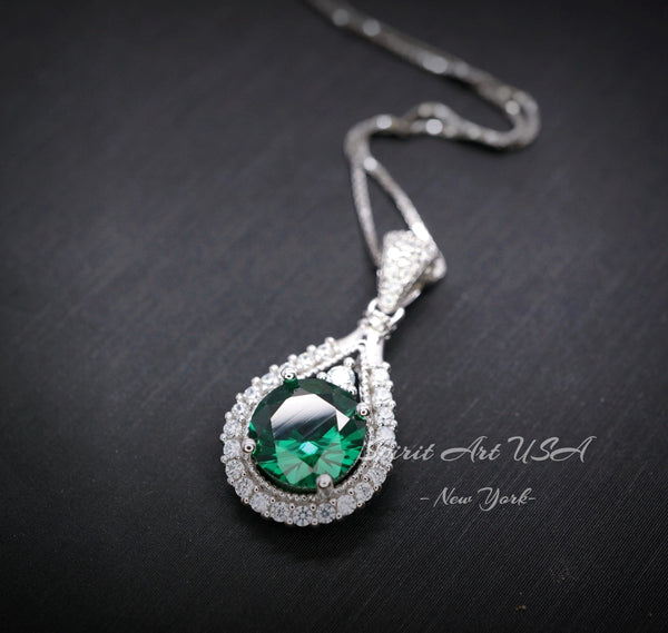 8mm Round Emerald Necklace - 18KGP @ Sterling Silver Teardrop Green Emerald Pendant - May Birthstone #334