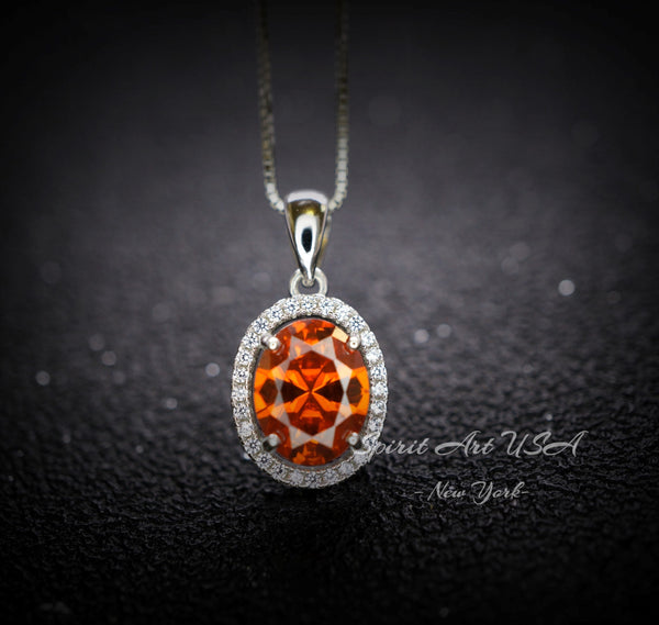 Sunstone Necklace - Tangerine Sapphire Jewelry- Oval Halo Orange Spessartite Garnet Pendant - 18KGP @ Sterling Silver #146