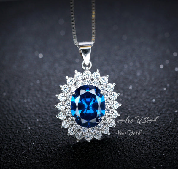 Large Blue Sapphire Necklace - 2.8 CT Double Halo Gemstone Blue Sapphire Pendant - September Birthstone - Jewelry #646