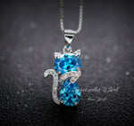 Cat Blue Topaz Necklace, Kitty Cat Swiss Blue Topaz Pendant Gemstone White Gold Plated Sterling Silver Pets Lover Jewelry #216