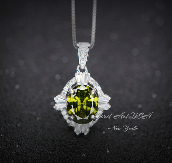 Peridot Necklace - Oval Cut - Sterling Silver Green Peridot Pendant - 2 CT White Gold Plated Gemstone Style 095