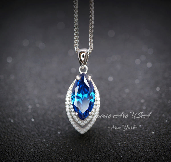 Blue Sapphire Necklace Marquise Cut White Gold Coated Full Sterling Silver Large 3 CT Blue Sapphire Pendant Gemstone Leaf Navette Style #676