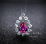 Pink Sapphire Necklace - Gemstone Halo - Pear Teardrop Cut - White gold - Sterling Silver - 2.5CT Fuchsia Red Sapphire Jewelry #957