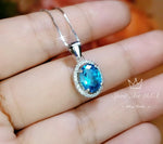 Dainty Blue Topaz Necklace - Sterling Silver Solitaire Blue Topaz Pendant - Halo Oval Gemstone Surround Jewelry #262