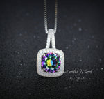 Mystic Topaz Pendant - 18KGP @ Sterling Silver - Gemstone Square Halo Solitaire - Royal Rainbow Topaz Jewelry #139