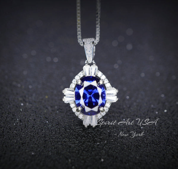 Tanzanite Necklace - 2 CT Oval Cut Diamond Halo Blue Tanzanite Pendant - 18KGP @ Sterling Silver - Solitaire Lab Created Blue Gemstone #317