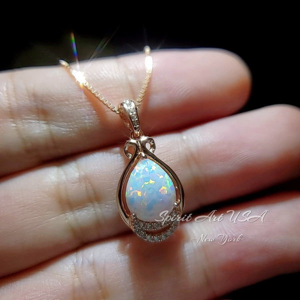 White Flash Opal Necklace - Rose Gold Sterling Silver Teardrop Opal Pendant - High Quality Bridal Wedding Opal Jewelry #243