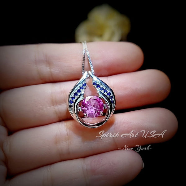 Pink Tourmaline Necklace - Hold Your Heart Pendant - 18KGP @ Sterling Silver - Blue Sapphire Style - Round Cut Pink Tourmaline Pendant #594
