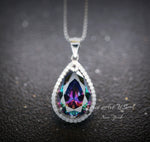 Large Teardrop Mystic Topaz Necklace 5 CT Gemstone Halo Pear Rainbow Topaz Pendant Sterling Silver White Gold Plated Solitaire #564