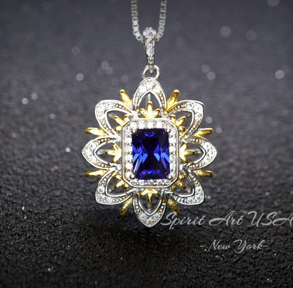 Blue Tanzanite Necklace Gemstone Water Lily Flower Pendant - 18k @ Sterling Silver - 1 CT Rectangle Lab Created Blue Tanzanite Jewelry #650