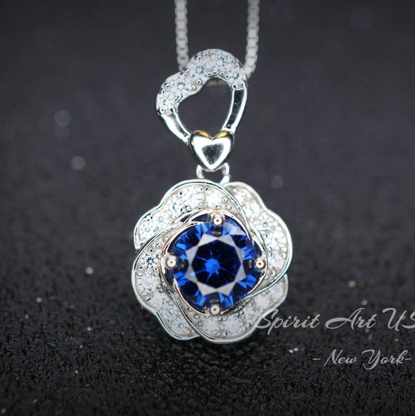 Blue Sapphire Necklace Gemstone Rose flower Pendant - 18KGP @ Sterling Silver - September Birthstone - Dainty Sapphire Pendant Jewelry #956
