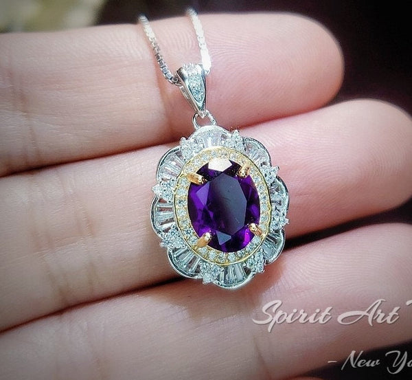 Genuine Amethyst Necklace - Sterling Silver Large Life of Flower 3 CT Natural Amethyst Necklace #781
