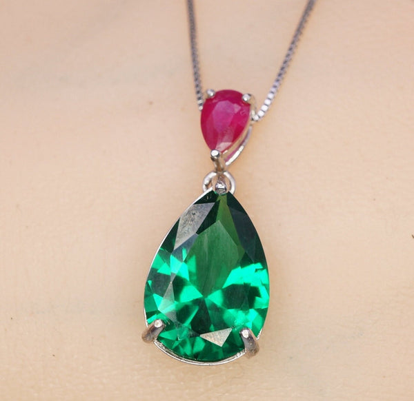 Double Teardrop Emerald Necklace Green Pear Cut Emerald Pendant 18kgp @ Sterling Silver - Large Emerald Jewelry - May Birthstone #729