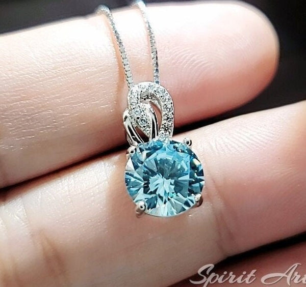 Tiny Blue Aquamarine Necklace - Sterling Silver Single Halo Dangle Round 8mm - March Birthstone - Aquamarine Jewelry 081