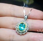 Green Paraiba Tourmaline Necklace - Double Halo Wave Circle - White Gold coated Sterling Silver - Oval 2 Ct Paraiba Pendant #848