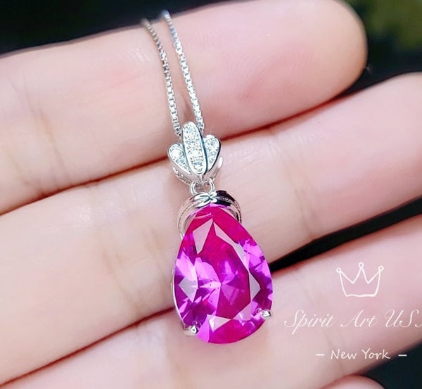 Royal Flower Pink Sapphire Necklace - 5 Ct Large Fuchsia Sapphire Pendant - Sterling Silver Pink Topaz Jewelry #787