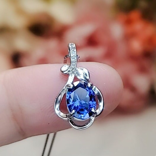 Tiny Blue Sapphire Necklace Sterling Silver Flower White Gold Plated Petal 1.5 CT Blue Gemstone Pendant September Birthstone #161