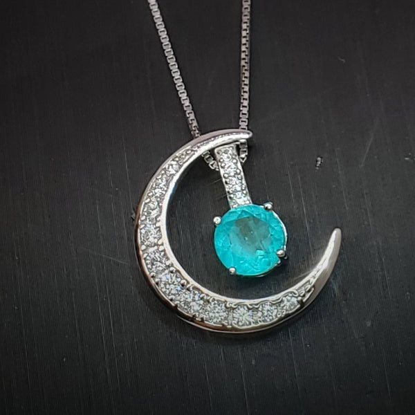 Crescent Moon Paraiba Necklace 925 Sterling Silver Blue Tourmaline One Necklace Two Wear Double Pendant #223