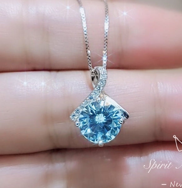 2.2 CT Blue Aquamarine Necklace Gemstone Knot Pendant Simple Bowknot Bright Blue Gemstone White Gold Coated Sterling Silver Minimalist #110