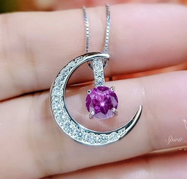 Pink Tourmaline Moon Crescent Necklace - One Necklace Two Wears - White Gold Sterling Silver - Gemstone Moon Necklace #230