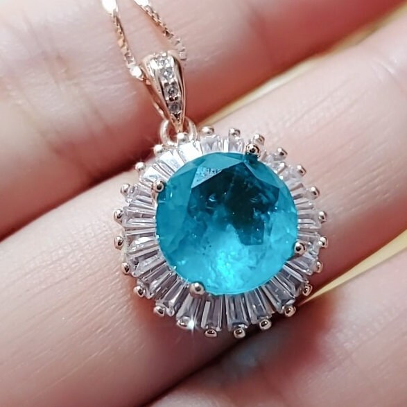 Paraiba Necklace - Rose Gold Coated Sterling Silver Solitaire 4 CT Blue Paraiba Tourmaline Necklace #378