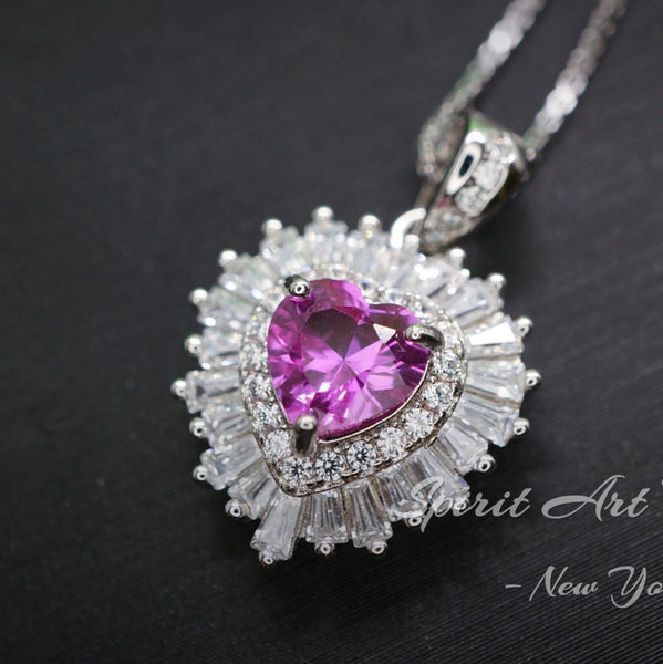 Double Halo Pink Sapphire Necklace - Pink Heart Pendant - 18KGP @ Sterling Silver - Dainty Fuchsia Red Pink Sapphire Pendant #298