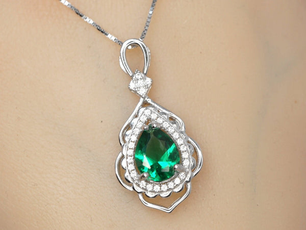 Large Emerald Necklace - 18KGP Sterling Silver - Flower Leaf Teardrop Emerald Jewelry- May Birthstone - Solitaire Halo Emerald Pendant #535