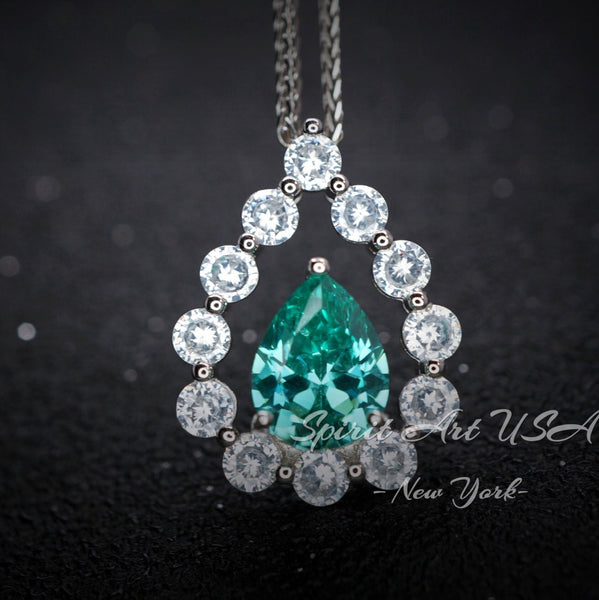 Green Paraiba Necklace - 18KGP @ Sterling Silver - 2.5 CT - Gemstone Halo Teardrop Green Paraiba Tourmaline Necklace #969
