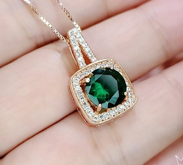 2 CT Emerald Necklace - Gemstone Square Halo Rose Gold plated Sterling Silver round cut emerald pendant #141
