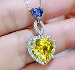 Yellow Diamond Necklace - 18KGP @ Sterling Silver - Created Citrine Necklace - lab Moissanite Diamond Pendant - Double Heart Necklace #569