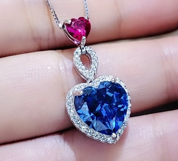 5 CT Blue Sapphire Necklace Sterling Silver Double Heart Pendant White Gold Coated September Birthstone #741