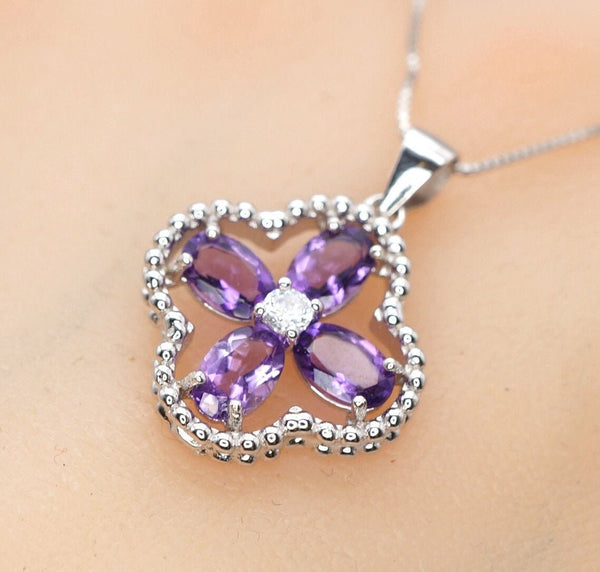 Natural Amethyst Necklace - Four Leaf Clover Pendant - 18KGP @ Sterling Silver Genuine Amethyst Jewelry #200