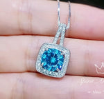 Blue Topaz Necklace - Sterling Silver Square Solitaire November Birthstone Round Topaz Jewelry Gemstone White Gold Plated #276