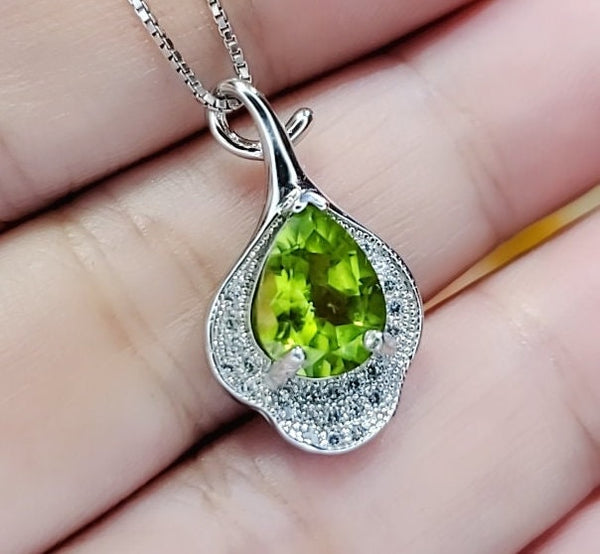 Genuine Teardrop Peridot Necklace - Gemstone Petal Flower -Natural 2.5 CT Green Peridot Pendant 18KGP August Birthstone Sterling Silver #937