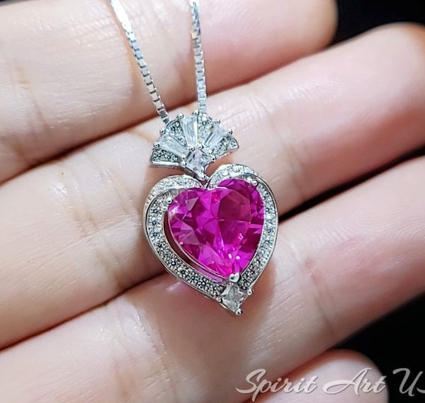 Gorgeous 3 ct Pink Sapphire Heart Necklace - White gold coated Sterling Silver - Gemstone Halo Fuchsia Color heart Pendant #575