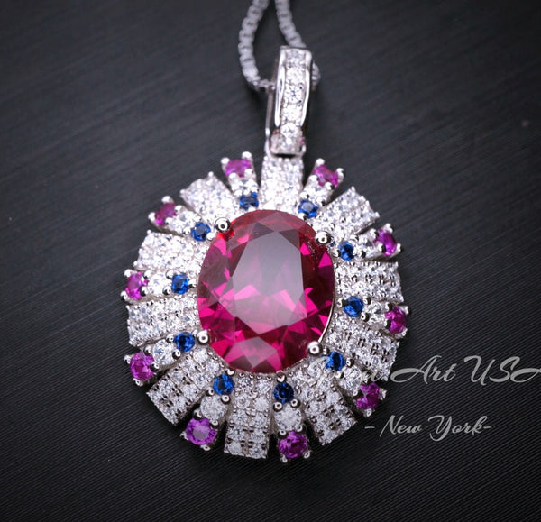Luxury Radiant Red Ryby Necklace - Source Light Style - 18kgp @ Sterling Silver - Exclusive Design 2.8 CT Ruby Pendant #901