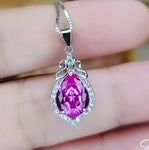 Teardrop Pink Tourmaline Necklace, Gemstone Halo Pink Gemstone Pendant, Sterling Silver White gold Solitaire Fuchsia Gemstone Jewelry #196
