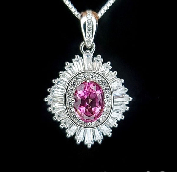 Pink Tourmaline Necklace - Gemstone Halo Tourmaline Pendant - White Gold coated Sterling Silver - 1.5Ct Oval Cut Pink #675