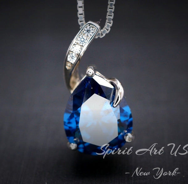 Teardrop Blue Sapphire Necklace - Solitaire Pear Cut 3.5CT - 18KGP @ Sterling Silver - Simple Large Blue Sapphire Pendant #687
