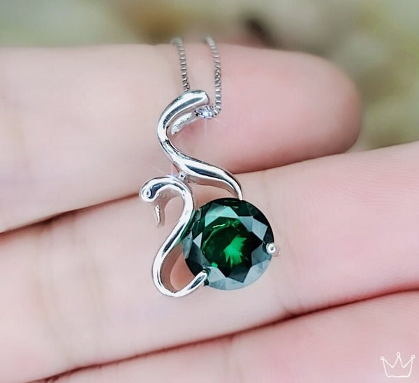 8mm Emerald Necklace - 18KGP Sterling Silver - Swan Pendant - May Birthstone Luxury Simple Emerald Jewelry - Swan Necklace