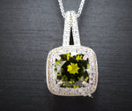 18KGP @ Sterling Silver Green Peridot Necklace - Square Halo Style Round Cut Lab Created Peridot Pendant 086