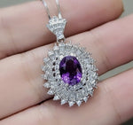 Natural Amethyst Necklace Double Halo Amethyst Pendant Genuine Purple Amethyst Jewelry- Chakra Healing 18KGP @ Sterling Silver #834