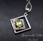 Tiny Geometric Square Peridot Necklace, Double Square, Genuine Natural Peridot Pendant Sterling Silver White Gold Plated #168