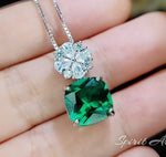 Four leaf clover Emerald Necklace - Cushion Cut 5 CT - Green Emerald Pendant - Diamond Flower Bail White Gold coated Sterling Silver #521