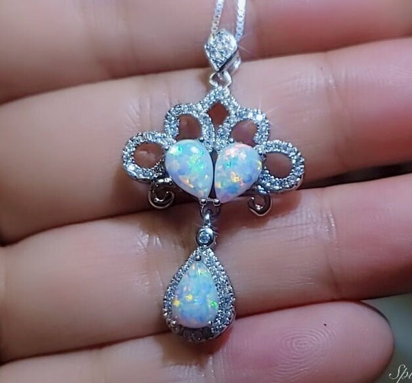 Sterling Silver Opal Tassel Necklace - Fire White Opal Wedding Bridal Gemstone Pendant, Flower Phoenix Jewelry #621