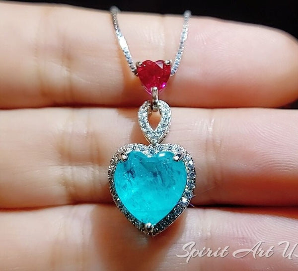 Double Heart Paraiba Necklace - 18KGP @ Sterling Silver - 5 Ct Heart with Heart Pendant - Lab Created Blue Paraiba Tourmaline Jewelry #739
