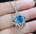 Gemstone Medal Blue Topaz Necklace - Medal of Honor Flower - Sterling Silver Star Celestial Jewelry - Square Blue Topaz Pendant #512
